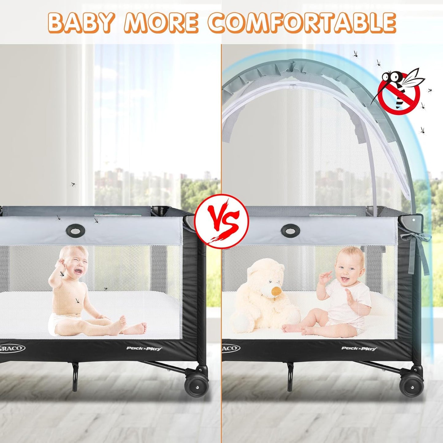 Pack N Play Tent - Mini Crib Tent to Keep Baby from Climbing Out - Crib Net to Keep Baby in - Pop Up Breathable Cribs Cover - Canopy with Upgrade Strong Mesh and Durable Zipper (Gray, Small)