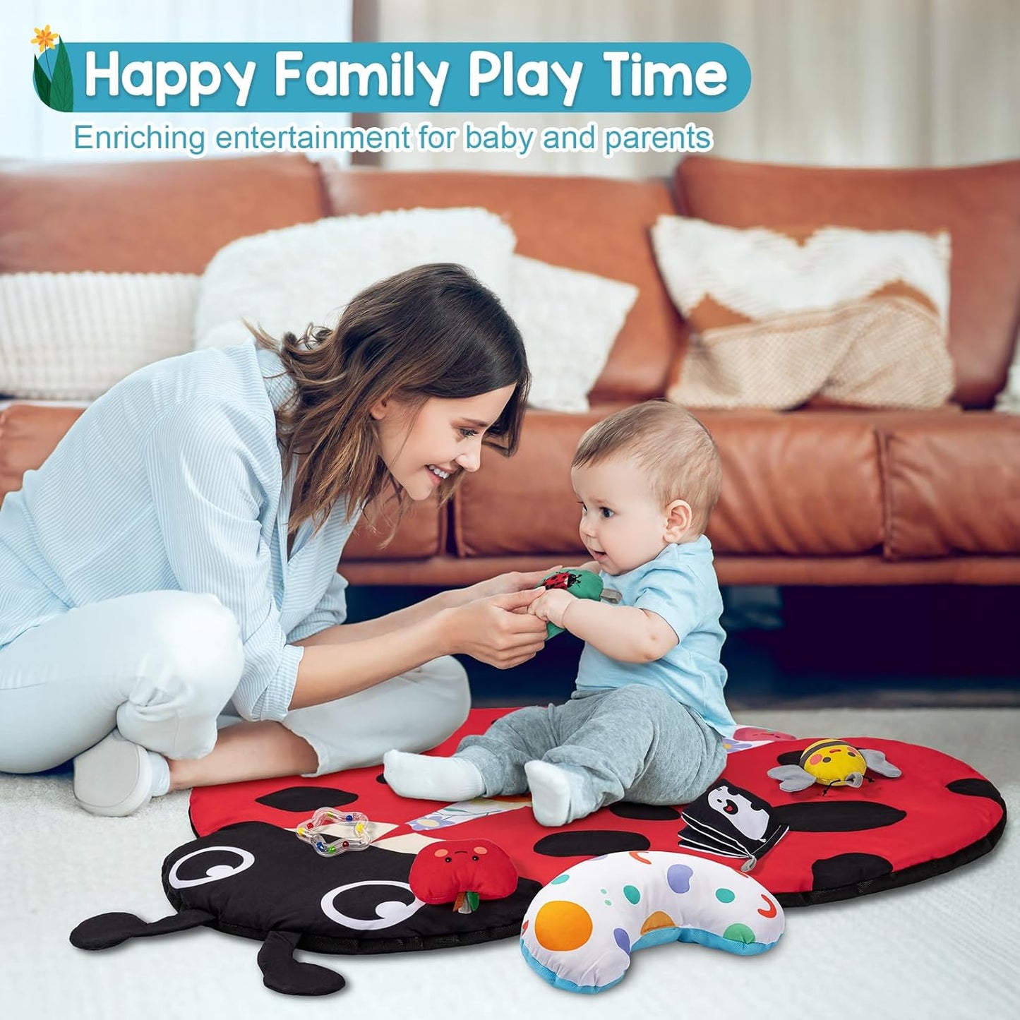 Jyusmile Baby Play Gym Mat, 8-in-1 Tummy Time Mat with 6 Toys, Washable Baby Activity Mat for Visual, Hearing, Sensory, Motor Development, Baby Essentials Gift for Newborn Infant 0-3-6-9-12 Months