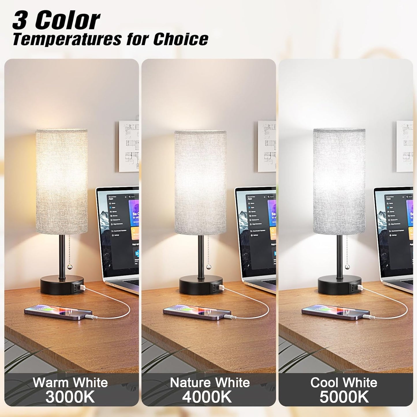 Grey Bedside Lamps for Bedroom Set of 2 - Nightstand Table Lamp with USB A + C Charging Port, 3 Color Temperatures Pull Chain Night Stand Light, Side Table Desk Reading Lamp for Living Room/Dorm Room