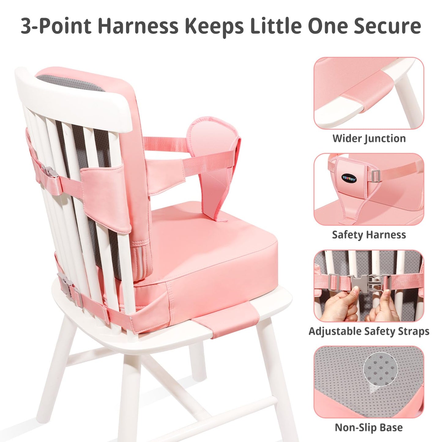 Toddler Booster Seat for Kitchen Chair, 2-in-1 Dining Table Booster Seat with Backrest & Adjustable Straps – Easy-Clean, PU Portable Toddler Eating Travel Increasing Cushion - Pink