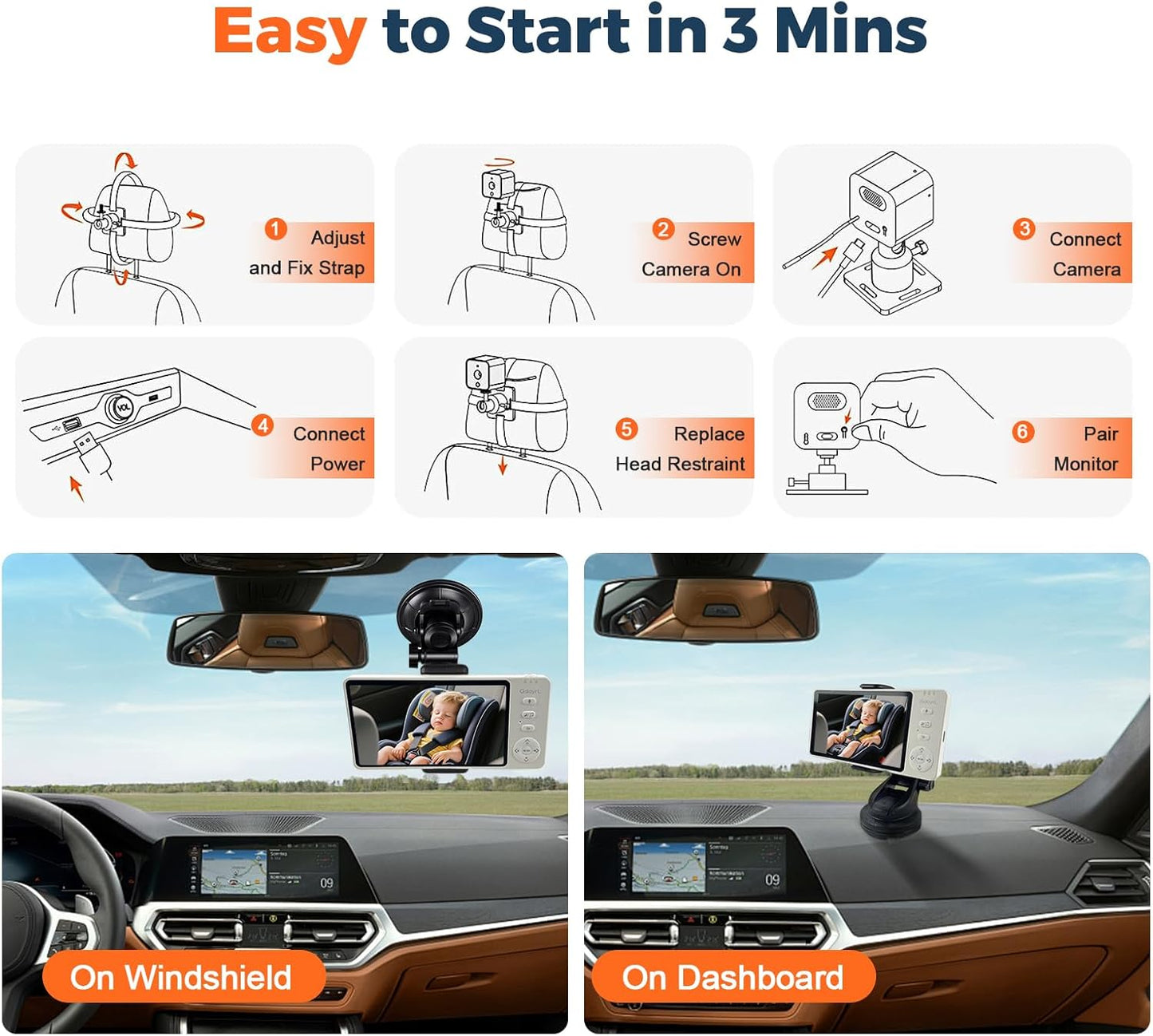 Wireless Baby Car Camera Monitor 5" HD 1080P IPS, 360° Rotating Camera with Auto/Manual Night Vision, 1000ft Range, Anti-Glare Display & USB Charging for Backseat, Home, Travel,Camping