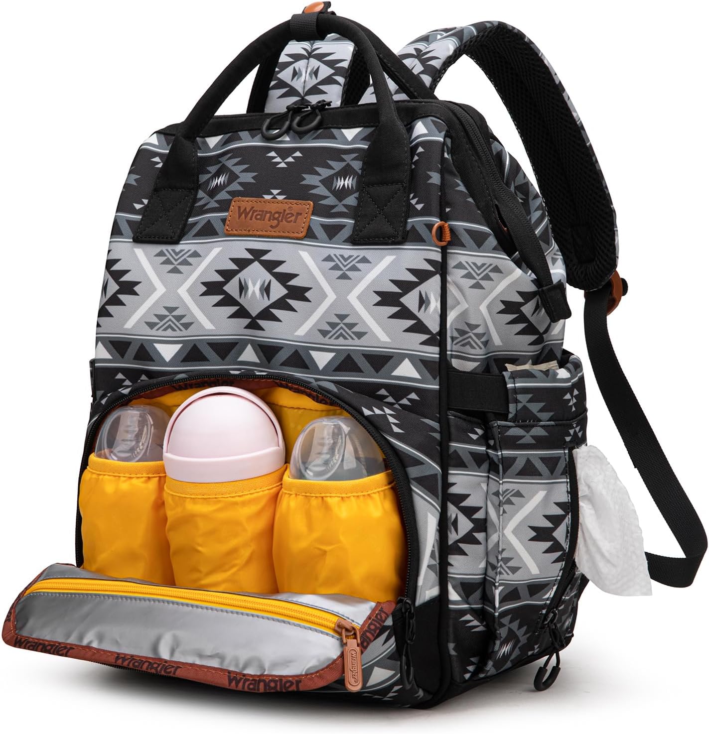 Wrangler Aztec Backpack Multifunction Baby Travel Bag with Changing Pad, Stroller Straps and Pacifier Case WG2204-91103BK
