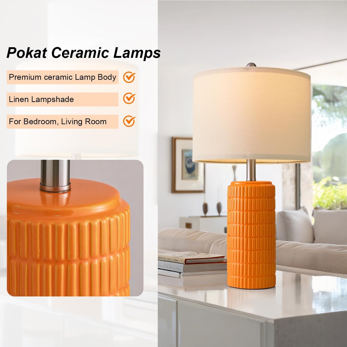 PoKat 23" Orange Table Lamps Decor for Living Room Set of 2, Modern Living Room Lamps for End Table, Ceramic Table Lamps for Bedroom, Contemporary Nightstand Lamps for Home Bedroom Decor