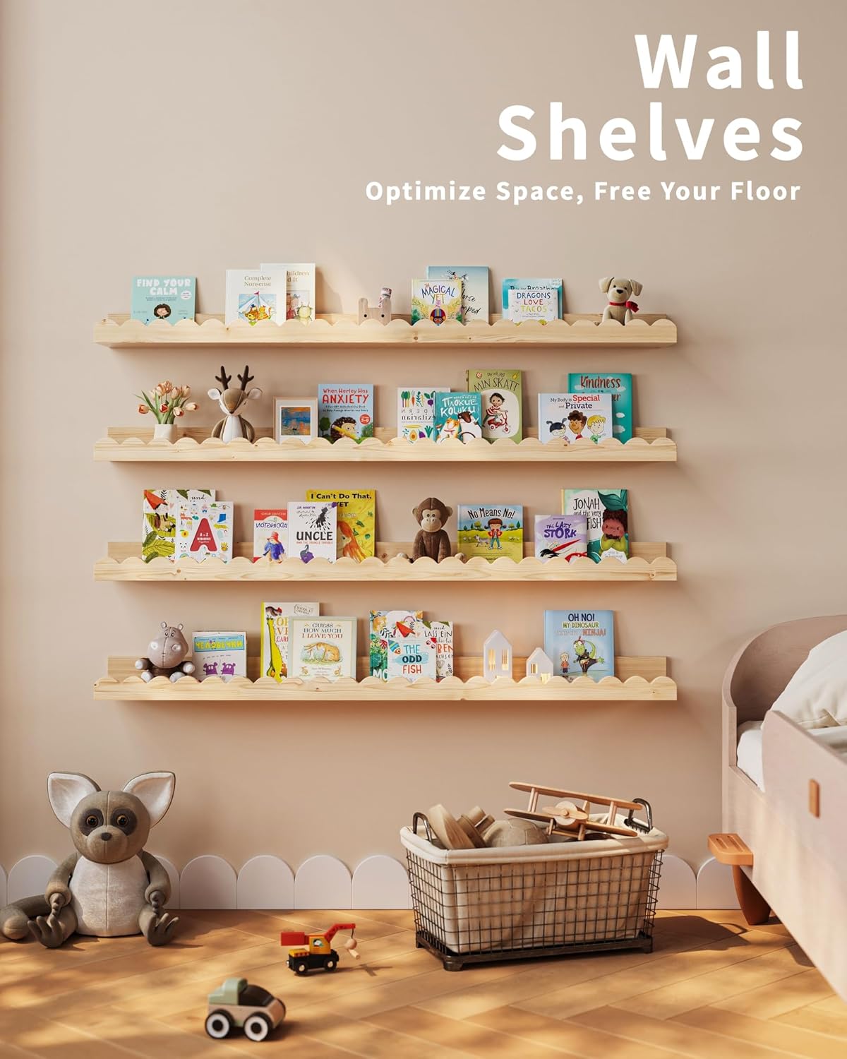 Nursery Book Shelves, 4-Pack Wood Floating Shelves for Wall Kids, Scalloped Shelves, Wall Book Shelves for Bedroom Kids, Toddler Room, Baby Room, Nursery Decor(Wood, 36 Inches)