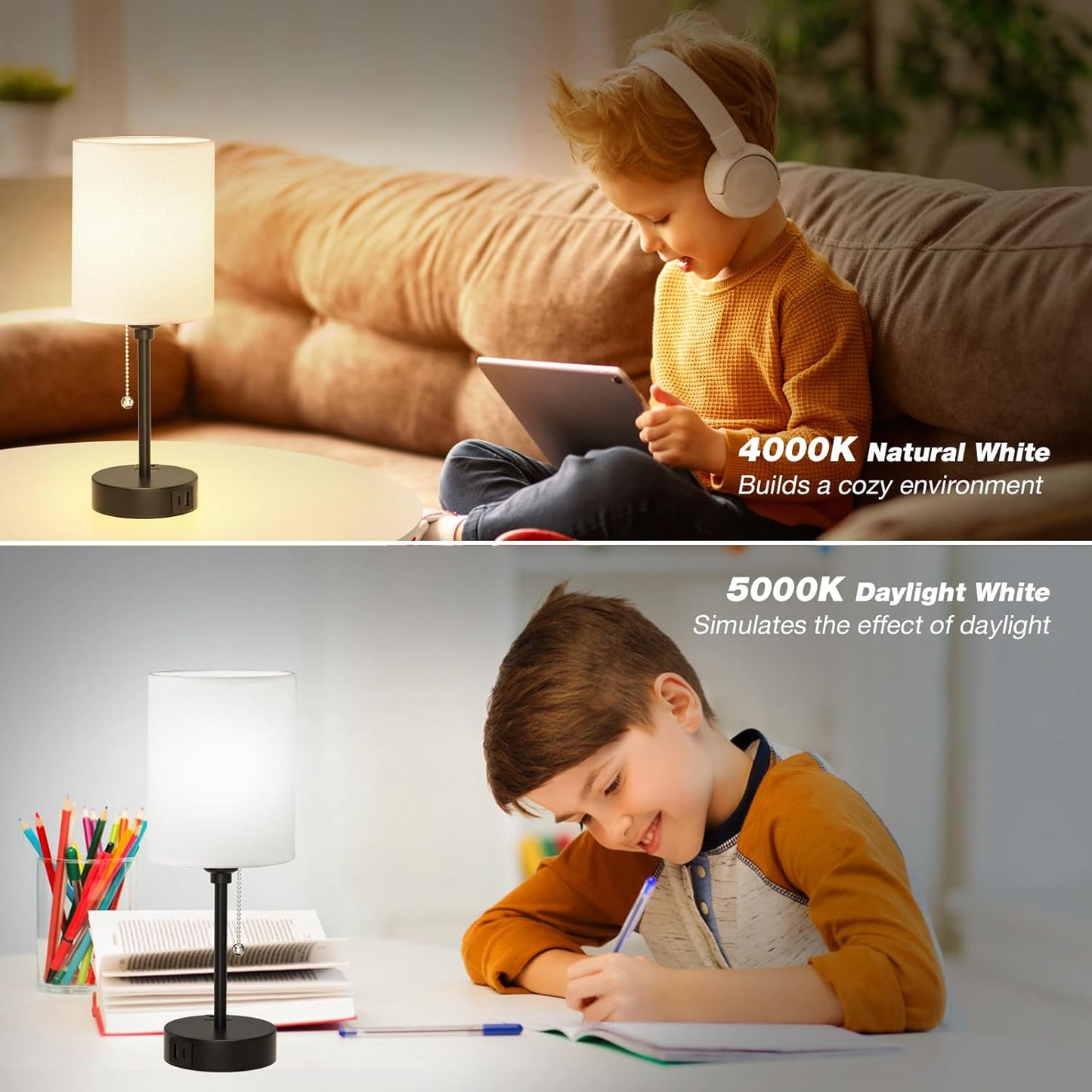 Small Bedside Table lamp for Bedroom - 3 Color Temperatures Bedside Lamps with USB C and A Ports, Pull Chain Table Lamps with AC Outlet, White Nightstand Lamps with Black Metal Base for Kids Reading