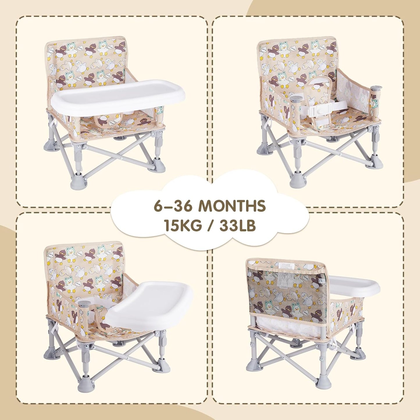 Portable Booster Seat,Toddler Baby Seat with Tray for Dining Table Compact Floor Chair for Camping Lawn Beach Babies Travel 6-36 Months