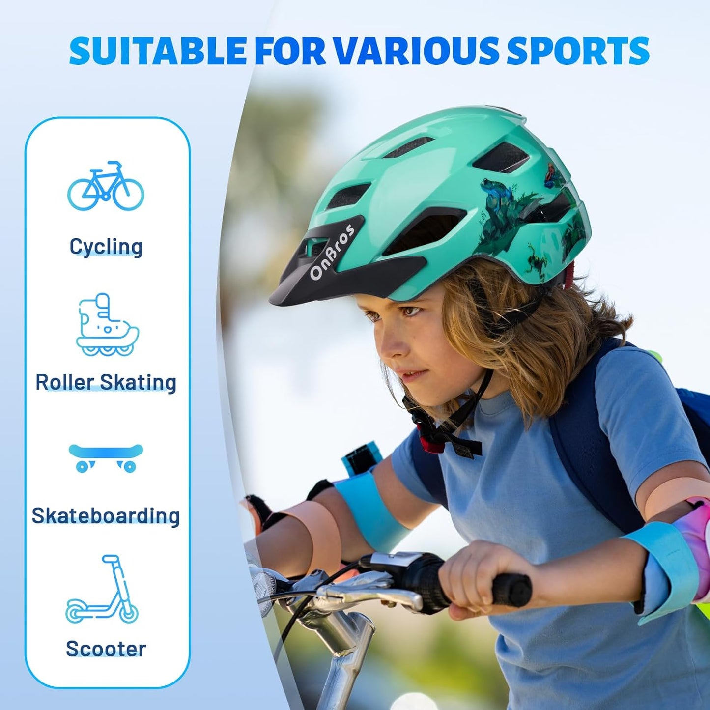 OnBros Kids Bike Helmet - Bike Helmets for 5-14 Boys or Girls with Visor, Children Bicycle Helmet for Skateboard Mountain Scooter Road Cycling, Lightweight and Adjustable 50-57CM