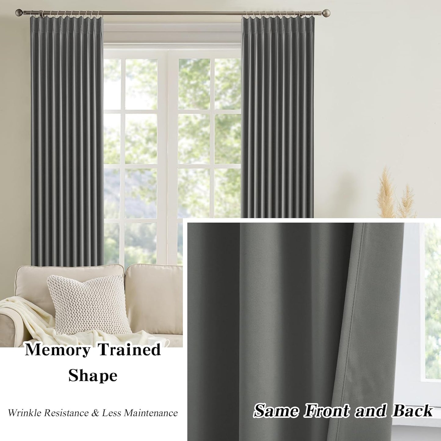 Pinch Pleated Blackout Curtains 96 Inches Long Modern Lush Decor Window Covering Soundproof Drape Panel for Bedroom Light Blocking Room Darkening Drape/Drapery for Nursery Room, Grey