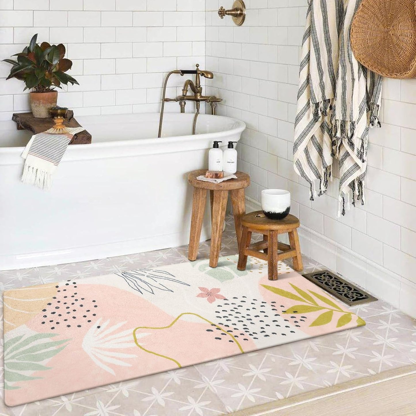 Lahome Washable Runner Rug for Hallway - 2x4 Non-Slip Throw Soft Bathroom Rug Runner Lightweight Pink Kitchen Mat, Boho Botanical Print Indoor Carpet Runner for Entrance Bedroom Laundry Living Room