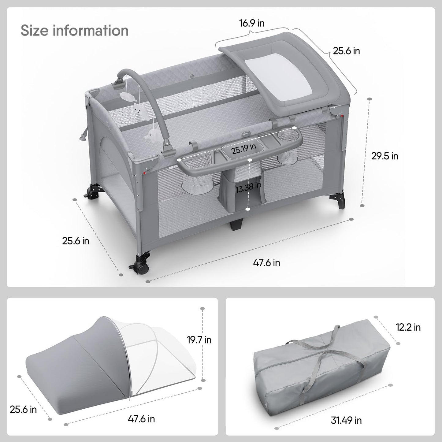 4 in 1 Baby Bassinet, Pack and Play, Bedside Crib Sleeper, Diaper Changer - Comes with Mattress, Mosquito Net,Bottom Storage and Toy Bar for Newborn to Toddles