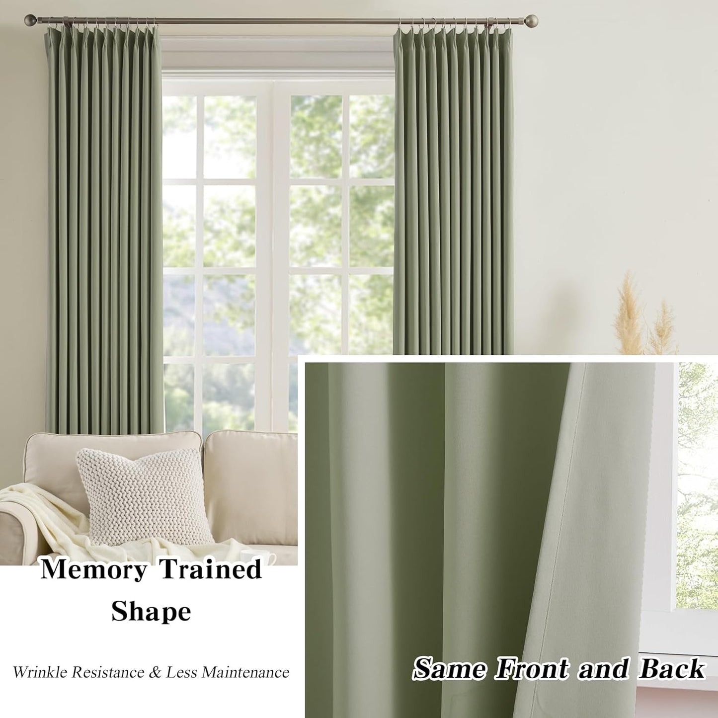 Blackout Curtains 92 Inches Long 2 Panels Set, Pinch Pleated with Hooks Track System Darkening Custom Cabin Accordion Style Window Drapes for Living Room(2 Pieces,40 x 92 Inch, Sage Green)