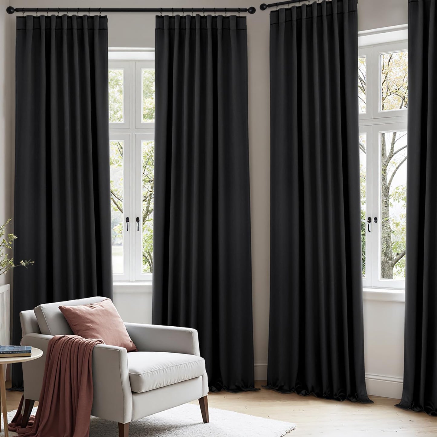 ANRODUO Back Tab Blackout Curtains for Bedroom Living Room, Rod Pocket Pinch Pleated Thermal Insulated Room Darkening Curtains 94 Inches Long 2 Panels, Black, 42 x 94 Inch