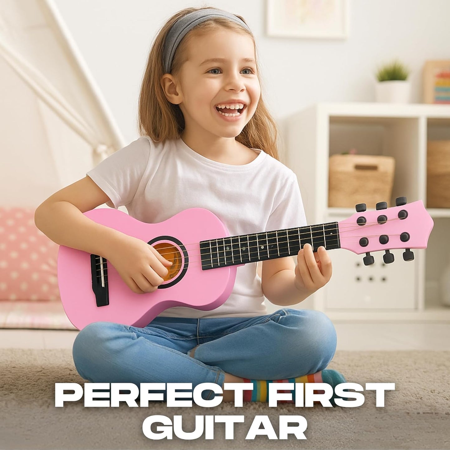 23" Acoustic Guitar, Kids 6 String Toy Guitar - Realistic Steel Strings - Beginner Practice First Musical Instrument for Children, Toddlers (Pink)