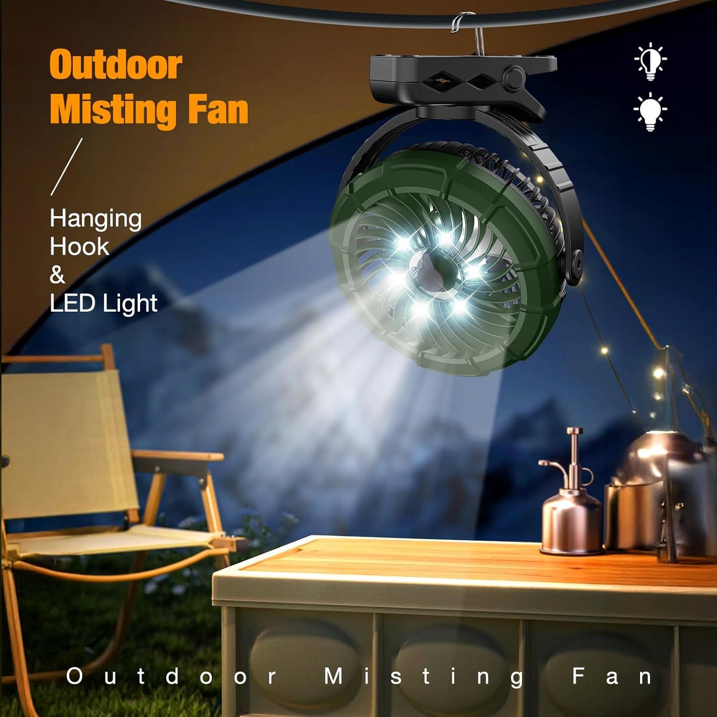 Ausic Portable Misting Clip on Fan, 100ml Camping Stroller Fan with LED, Max 45H Runtime Golf Cart Fans, 360° Rotate Cooling Spray, Outdoor Rechargeable Battery Fans for Travel/Home/Beach