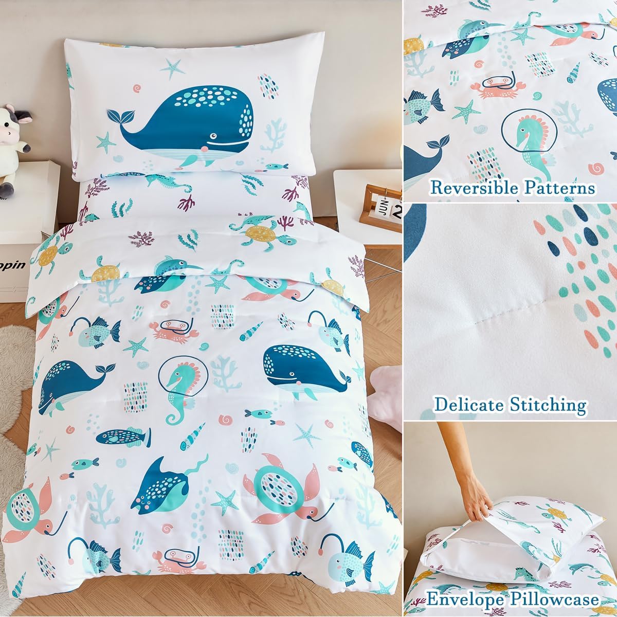 PERFEMET 4 Pcs Toddler Bedding Set Ocean Themed Toddler Comforter for Girl Soft Reversible Under Sea Animals White Toddler Bed in A Bag for Boys Girls(White, Whales)