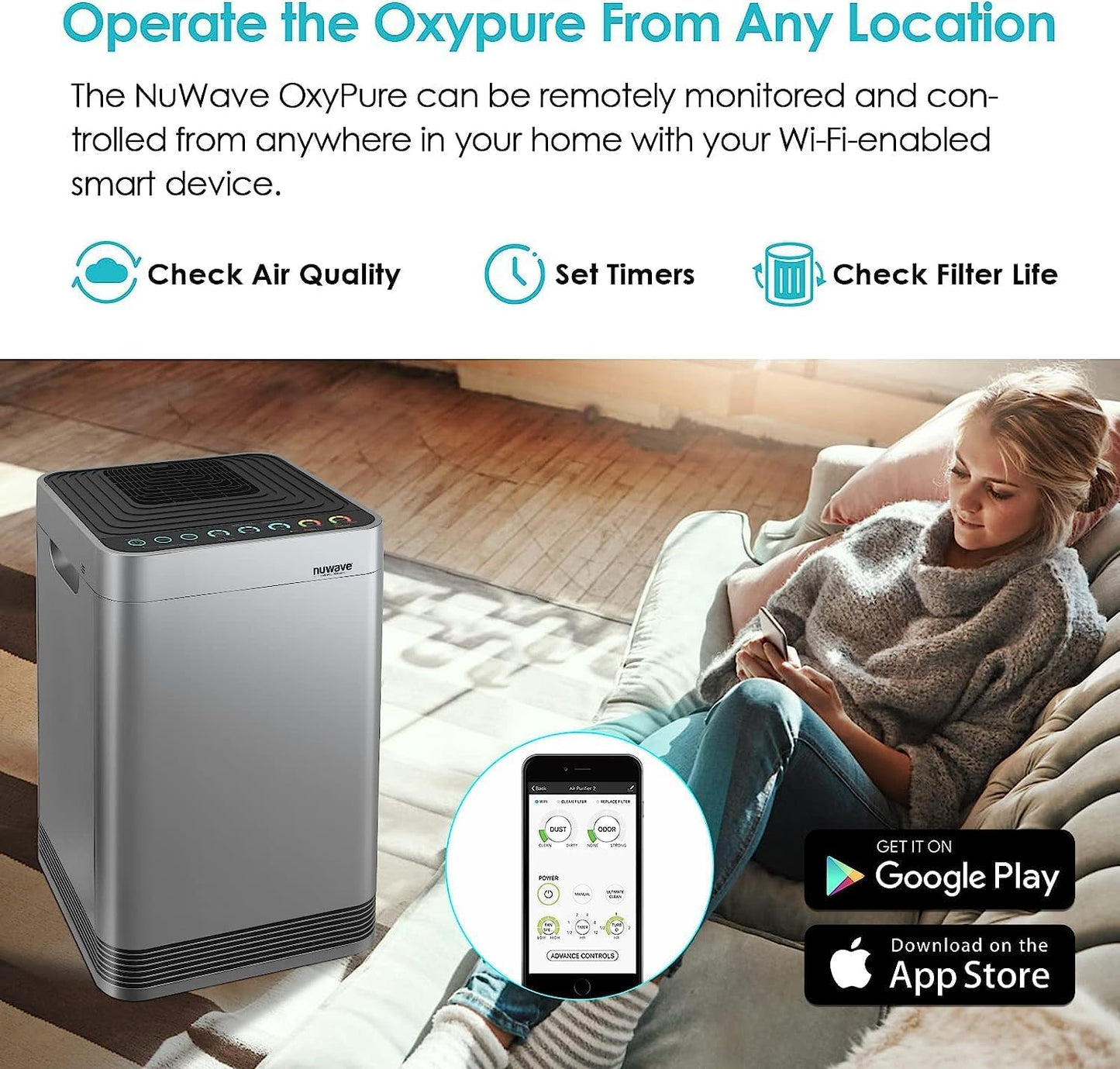 Nuwave OxyPure Ultra Clean Air Purifiers for Extra Large Room, Office, 5 Stage Filtration System with 4 Extra True HEPA Filters, Remove up to 100% of Dust, Pet Hair, Odors, Pollen, VOCs, Smart Wifi
