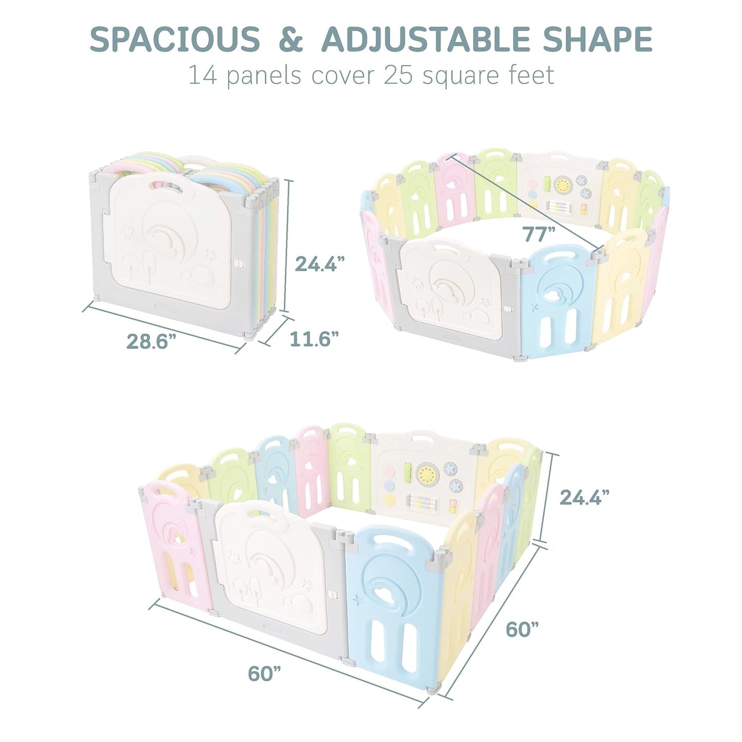 Fortella Cloud Castle Foldable Playpen, Baby Safety Play Yard with Whiteboard and Activity Wall, Indoors or Outdoors (Multicolor 14 Panel)