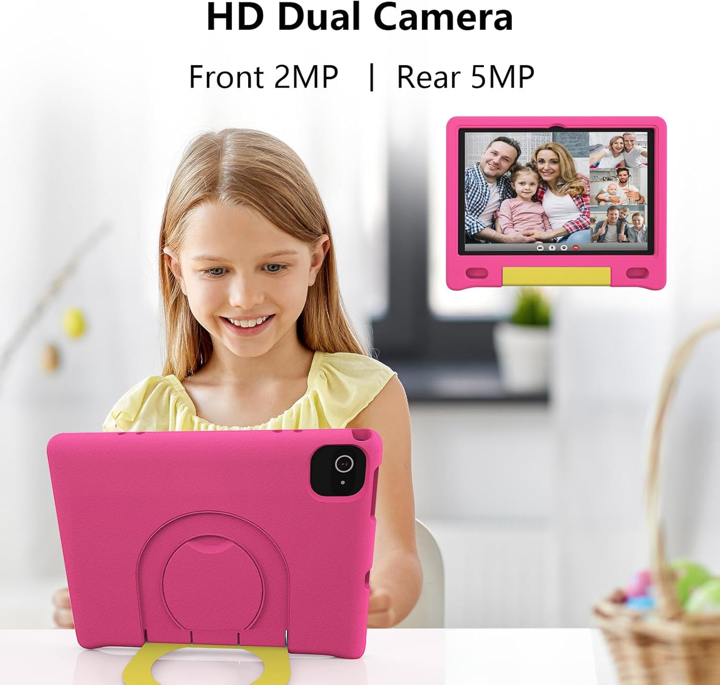 JREN Kids Table 10.1" |Android 14 Tablet for Kids|64GB Storage|Octa-Core|WiFi |Cameras|Parental Control|Kids Content|Case Included Great Gift for Children Ages 3-12 Years Old Pink