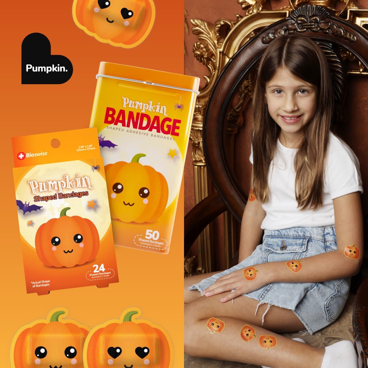 BioSwiss Bandages, Halloween Pumpkin Shaped Self Adhesive Bandage, Latex Free Sterile Wound Care, Fun First Aid Kit Supplies for Kids, 24 Count