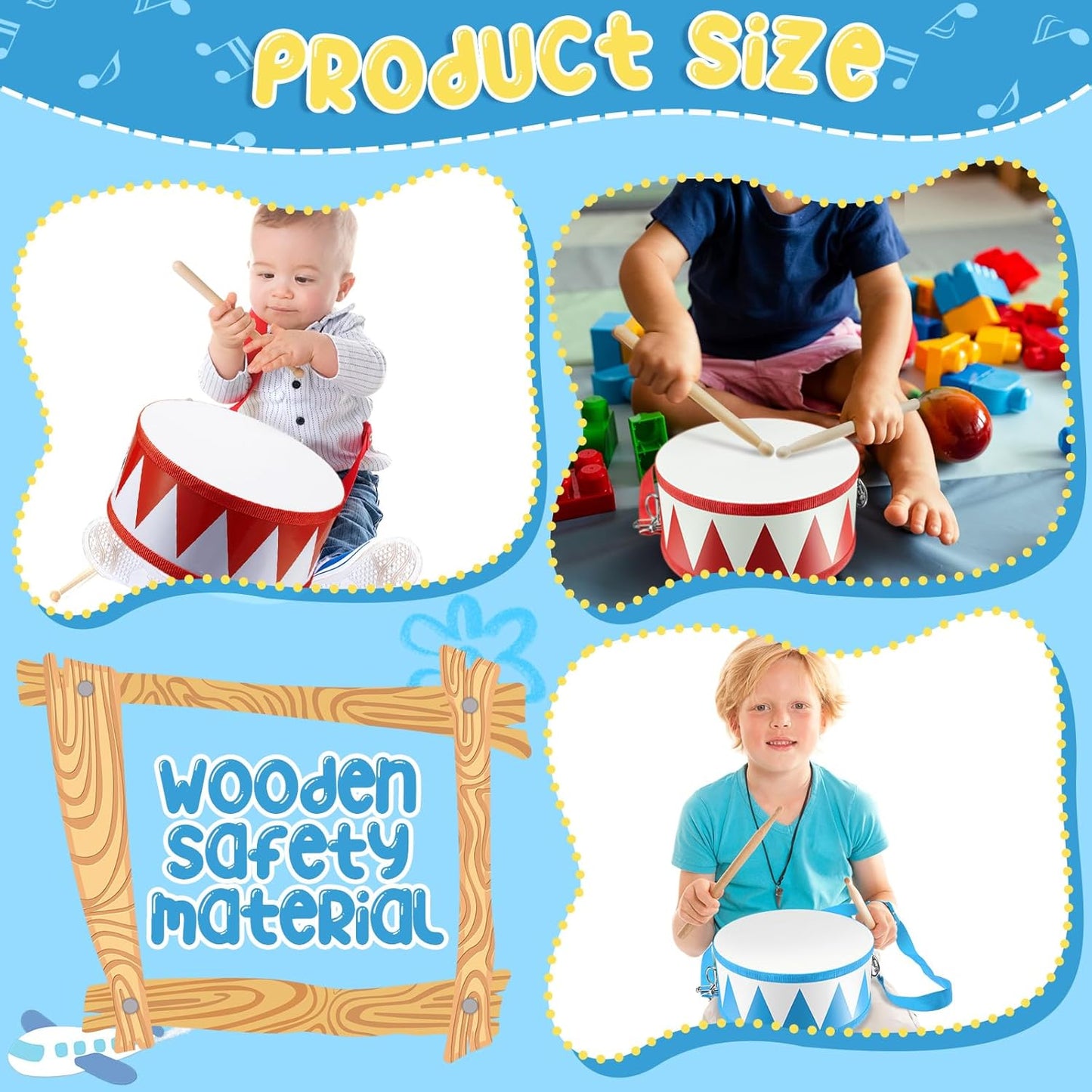 Boao 2 Pcs Kids Drum Set, 8 Inch Toddler Drum Wooden Toy with Adjustable Strap and 4 Drumsticks, Educational Sensory Musical Instrument for Toddlers Kid Baby Boys Girls Gift (Flag)