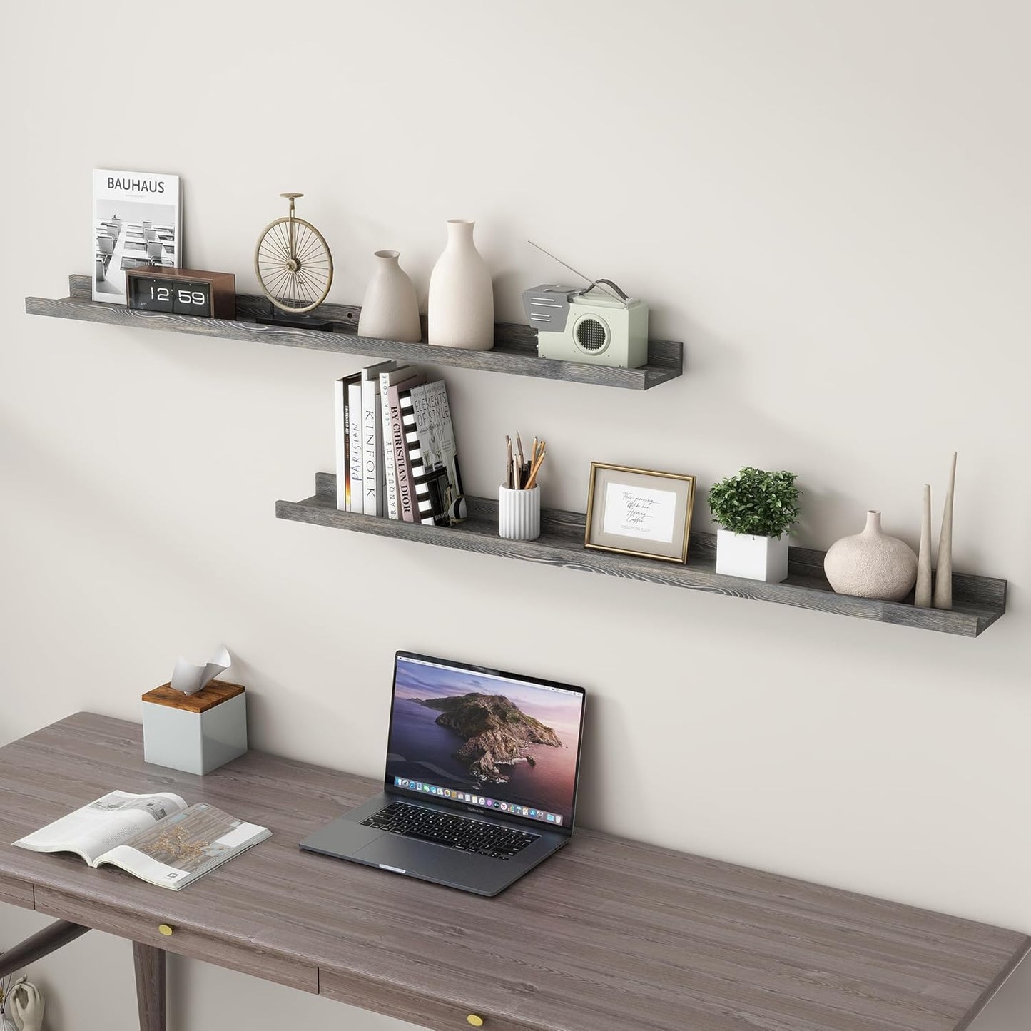 48 Inch Long Floating Shelves for Wall, Solid Pine Wood Picture Ledge Shelves with Lips, Nursery Book Shelves for Toys Storage Living Room Bedroom Photo Frames (2 Pcs, Grey)