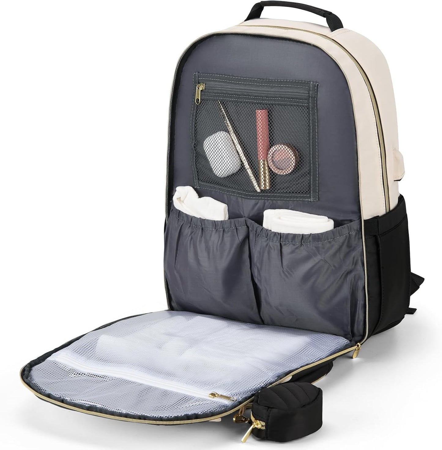 MOMUVO Diaper Bag Backpack, Quilted Baby Bag with Changing Pad & Stroller Straps & Pacifier Case, Multifunction Waterproof Travel Diaper Bags, Unisex, Black Beige