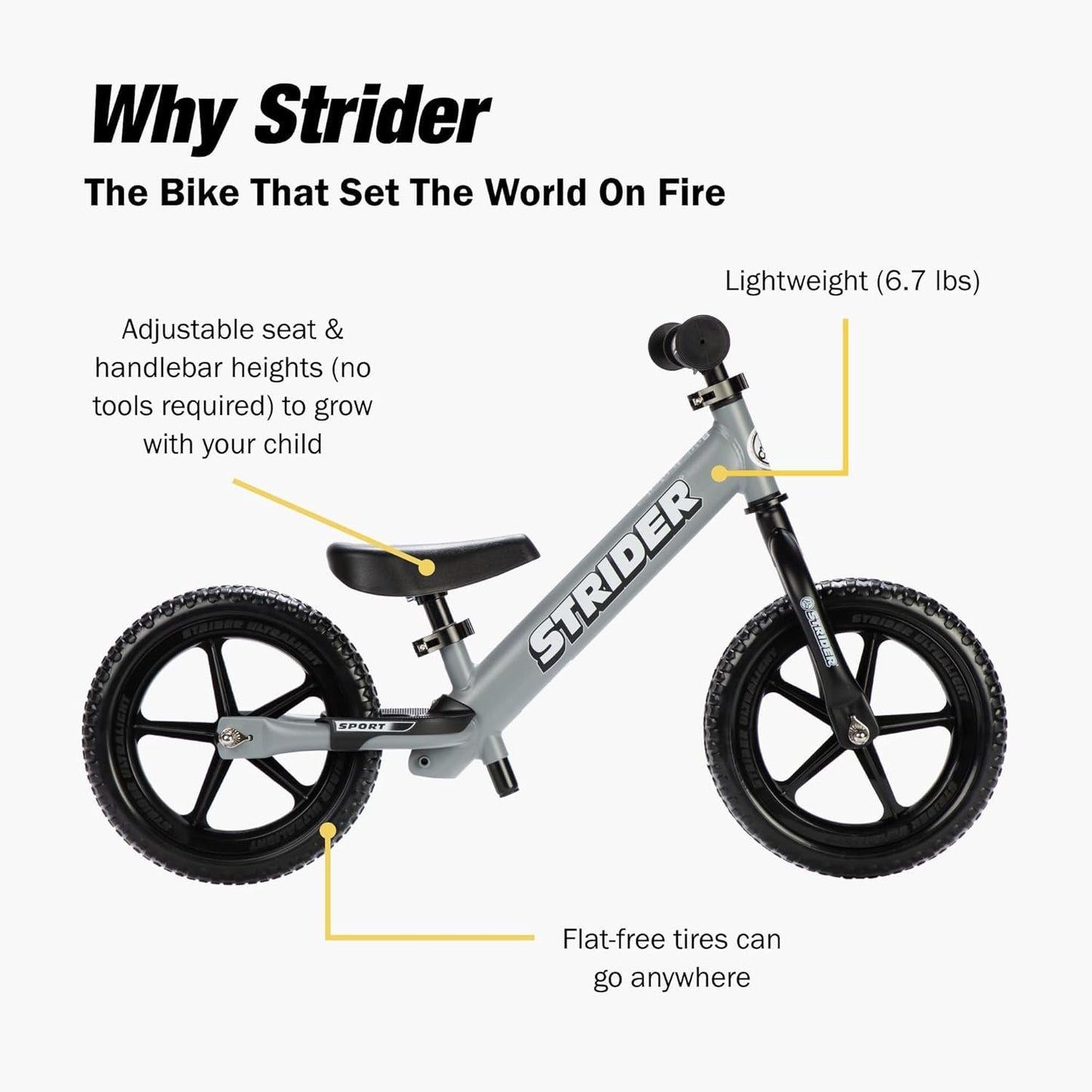 Strider 12” Sport Bike - No Pedal Balance Bicycle for Kids 1 to 4 Years - Includes Safety Pad, Padded Seat, Mini Grips & Flat-Free Tires - Tool-Free Assembly & Adjustments