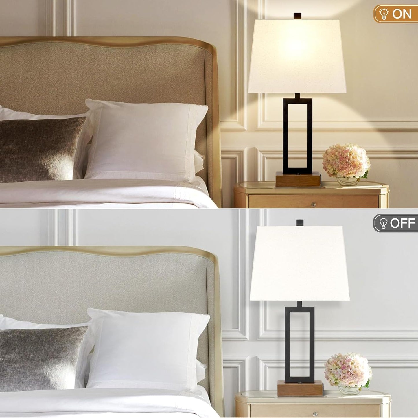 Table Lamps Set of 2 with 2 USB Ports and AC Power Outlet, Modern Bedside Lamp, Wood Nightstand Lamp with Linen Shade for Living Room Bedroom End Table Hotel Desk(LED Bulb Included)