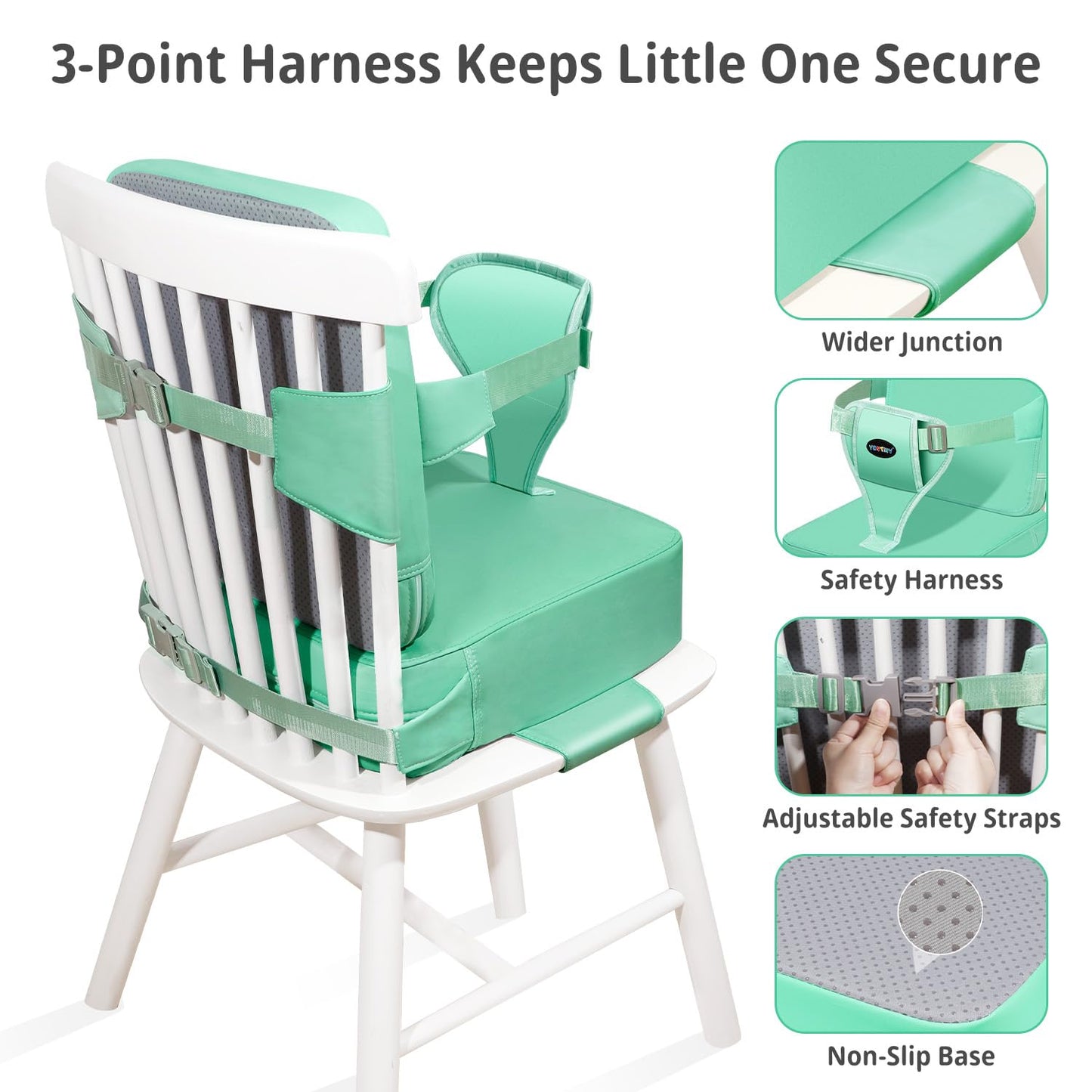 Toddler Booster Seat for Kitchen Chair, 2-in-1 Dining Table Booster Seat with Backrest & Adjustable Straps – Easy-Clean, PU Portable Toddler Eating Travel Increasing Cushion-Green