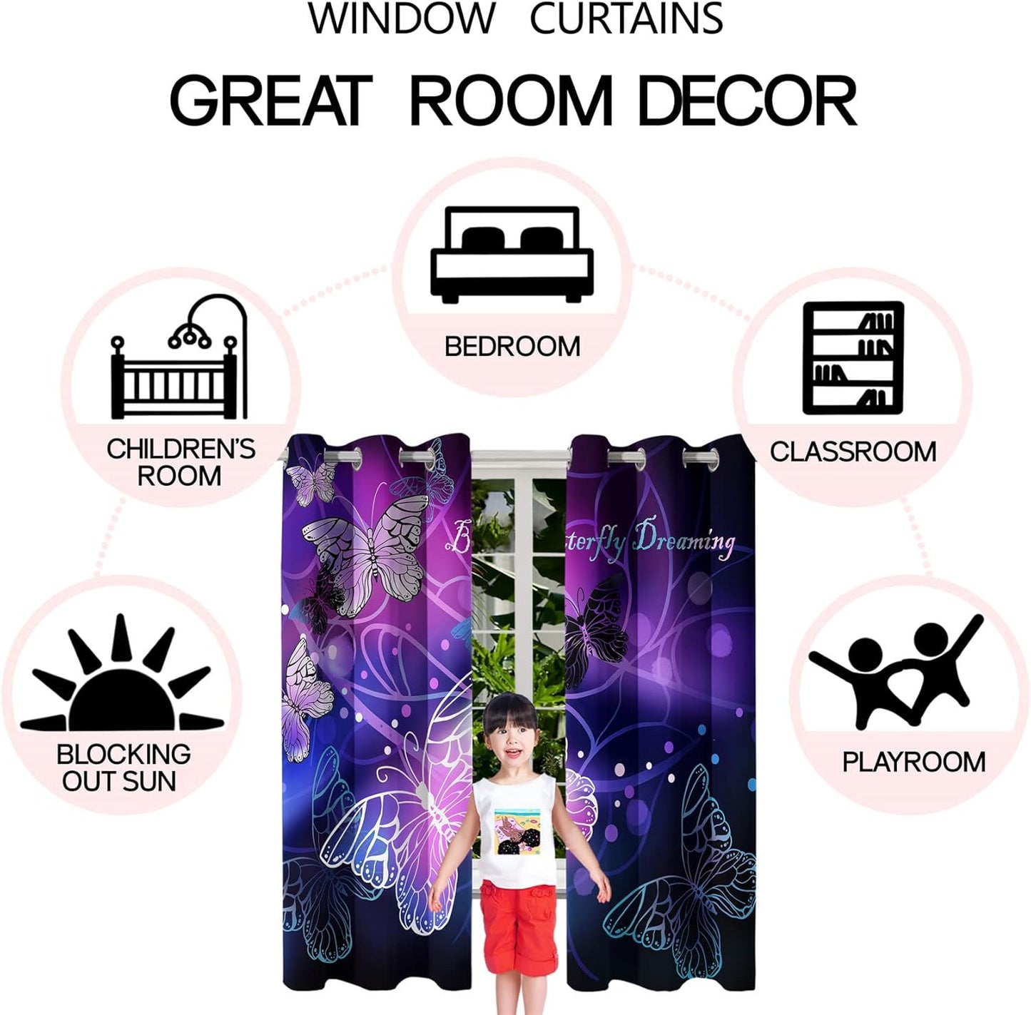 Butterfly Blackout Curtain for Girls Bedroom 2Pcs, Purple Window Curtain Panels Drapes Set Curtains 63 inch Length for Kids Bedroom Nursery Room Grommet Top Thermal Insulated Curtains, 82" x 63"