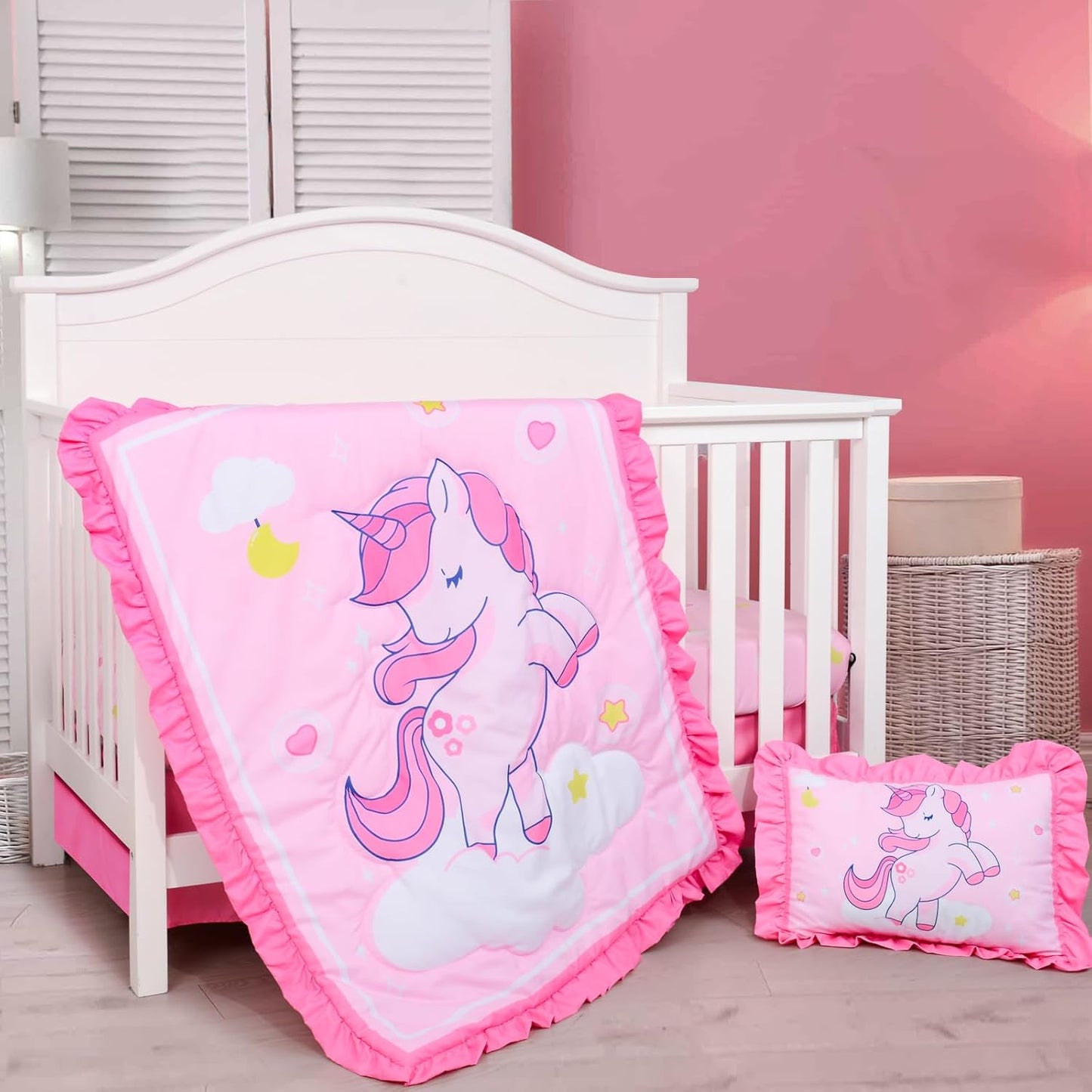 UOMNY Crib Bedding Set for Girls 4 Piece Unicorn Baby Girl Crib Bedding Sets with Baby Comforter Crib Sheet Crib Skirt Pillowcase Nursery Bedding Set