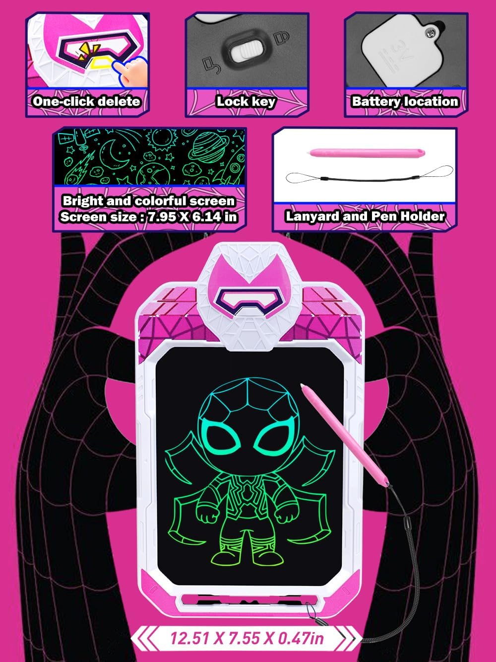 LCD Writing Tablet for Kids 10 Inch Spider Hero for Toddler 2 3 4 5 6 - Paint, Doodle Board, Drawing Pad - Travel Toys, Road Trip Car Activities, Birthday Christmas Gift Boys & Man