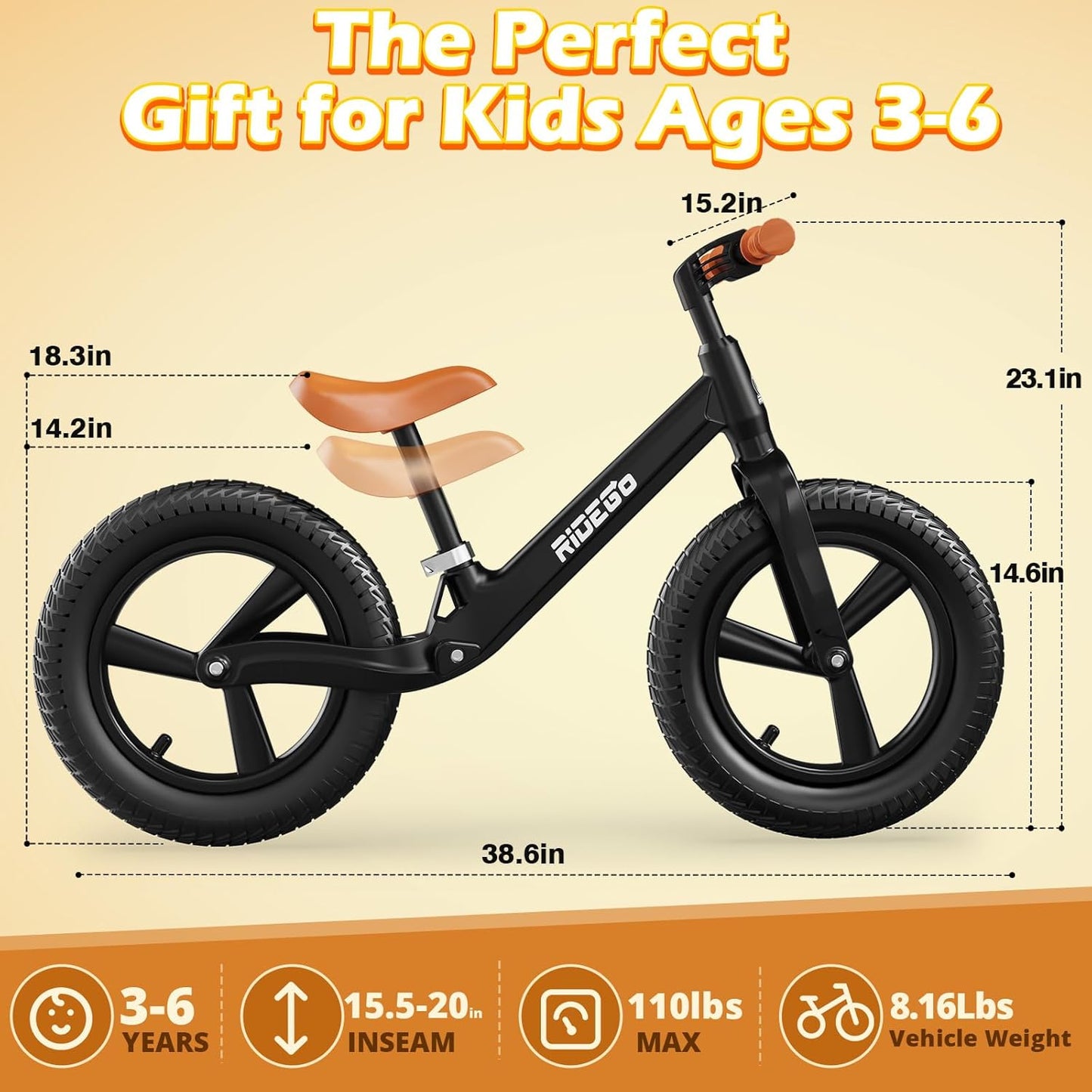 Ridego 12 or 14 Inch Balance Bike for Kids 2-6 Year Old,Lightweight Kids Bike with Adjustable Seat, Push Bicycle with Air Rubber Tires,Ride-on Toys Birthday Gift