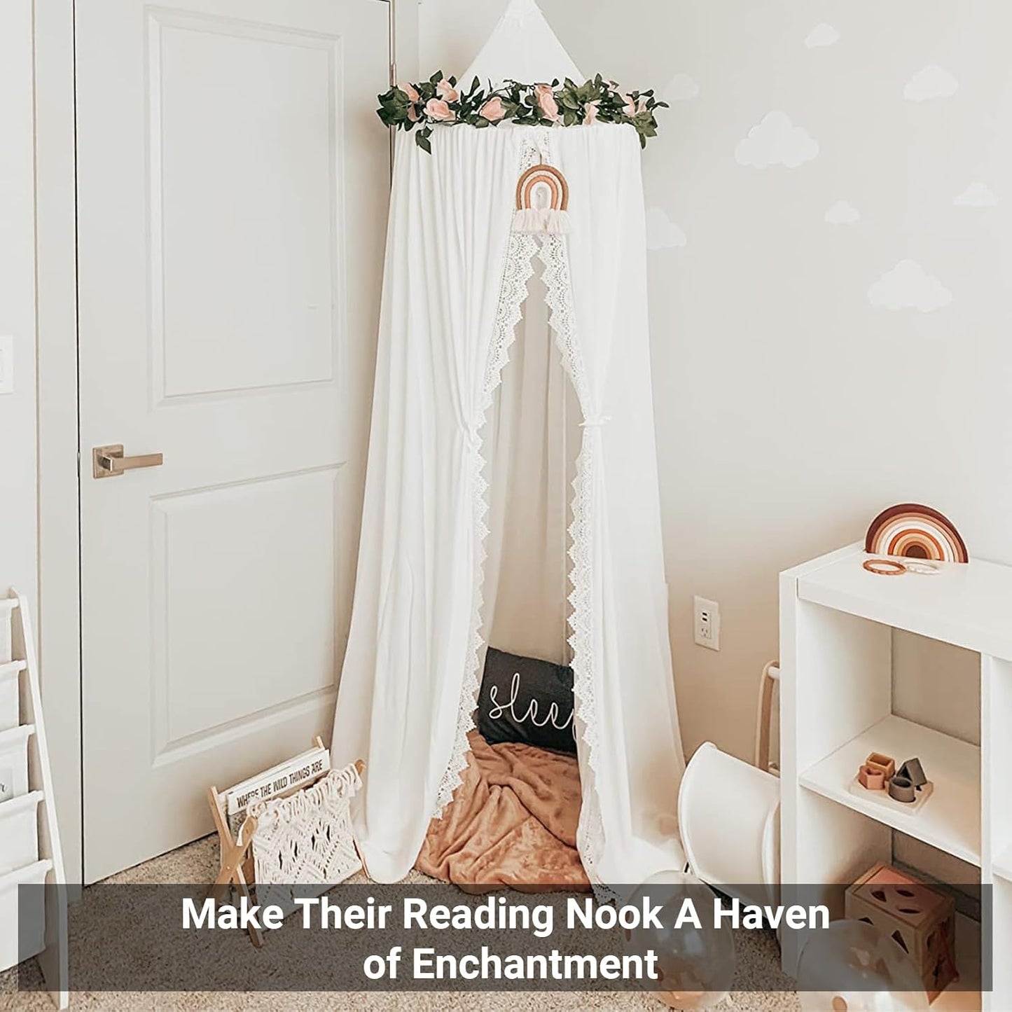 OldPAPA Kids Bed Canopy with Pom Pom Hanging Mosquito Net for Baby Crib Nook Castle Game Tent Nursery Play Room Decor,White