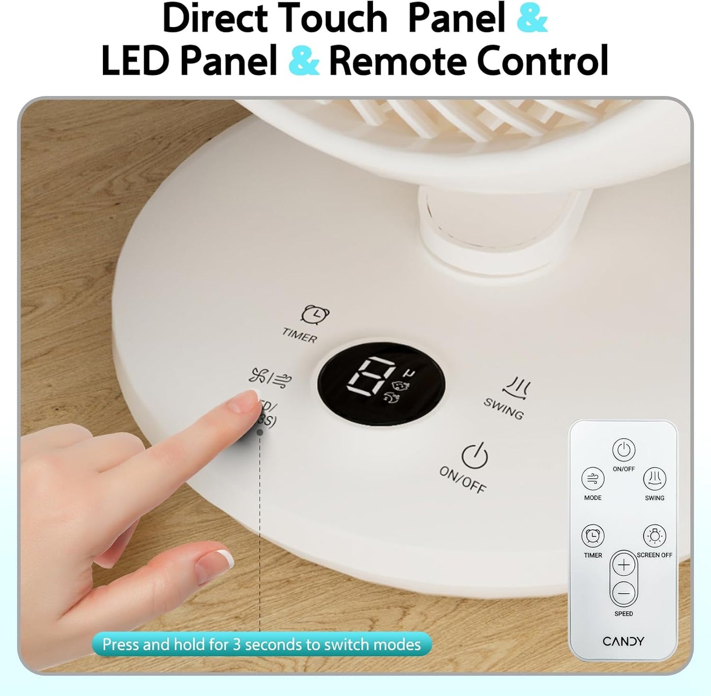 Candy™ Fan for Bedroom,Oscillating Table Fan & Remote Control,8-Speed & Normal Sleep Baby 3 Mode,120°+90° Desk Fan, 9H Timer,10 inch,Led Panel, Touch Adjustment,Portable for Bedroom, Office,Kitchen