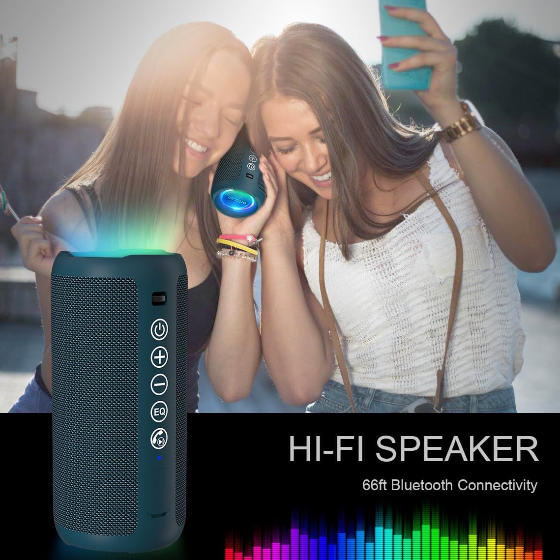 Ortizan Portable Bluetooth Speaker: IPX7 Waterproof, 24W Loud Sound, Deep Bass, Bluetooth 5.3, LED Lights, Wireless Stereo Pairing, 30H Playtime, for Home/Outdoor/Party/Beach, Birthday Gift (Blue)