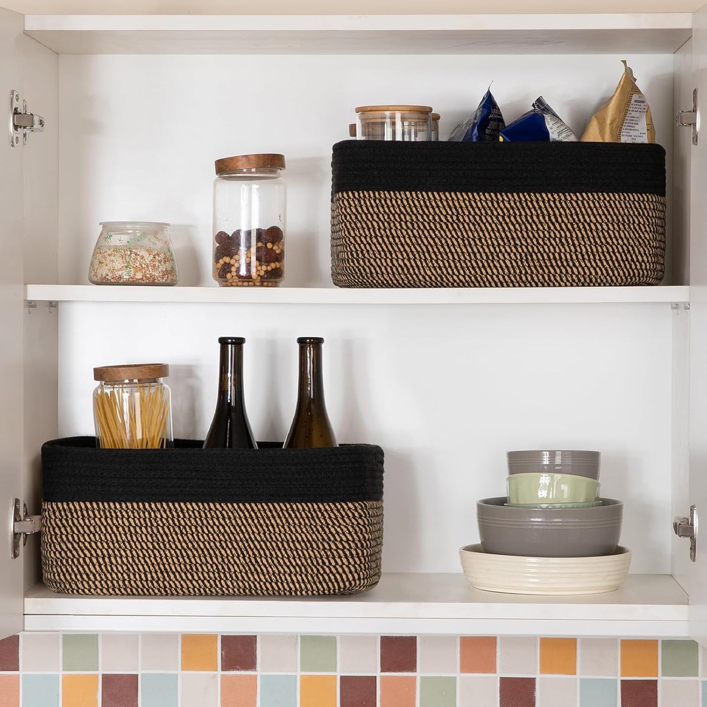 Storage Baskets for Organizing 3 Pack, Woven Baskets for Shelves, Closet Organizer Bins Empty Gift Basket Toy Storage for Toys, Books, Towels, Clothes, 15"x11.42"x6.7", Black & Yellow