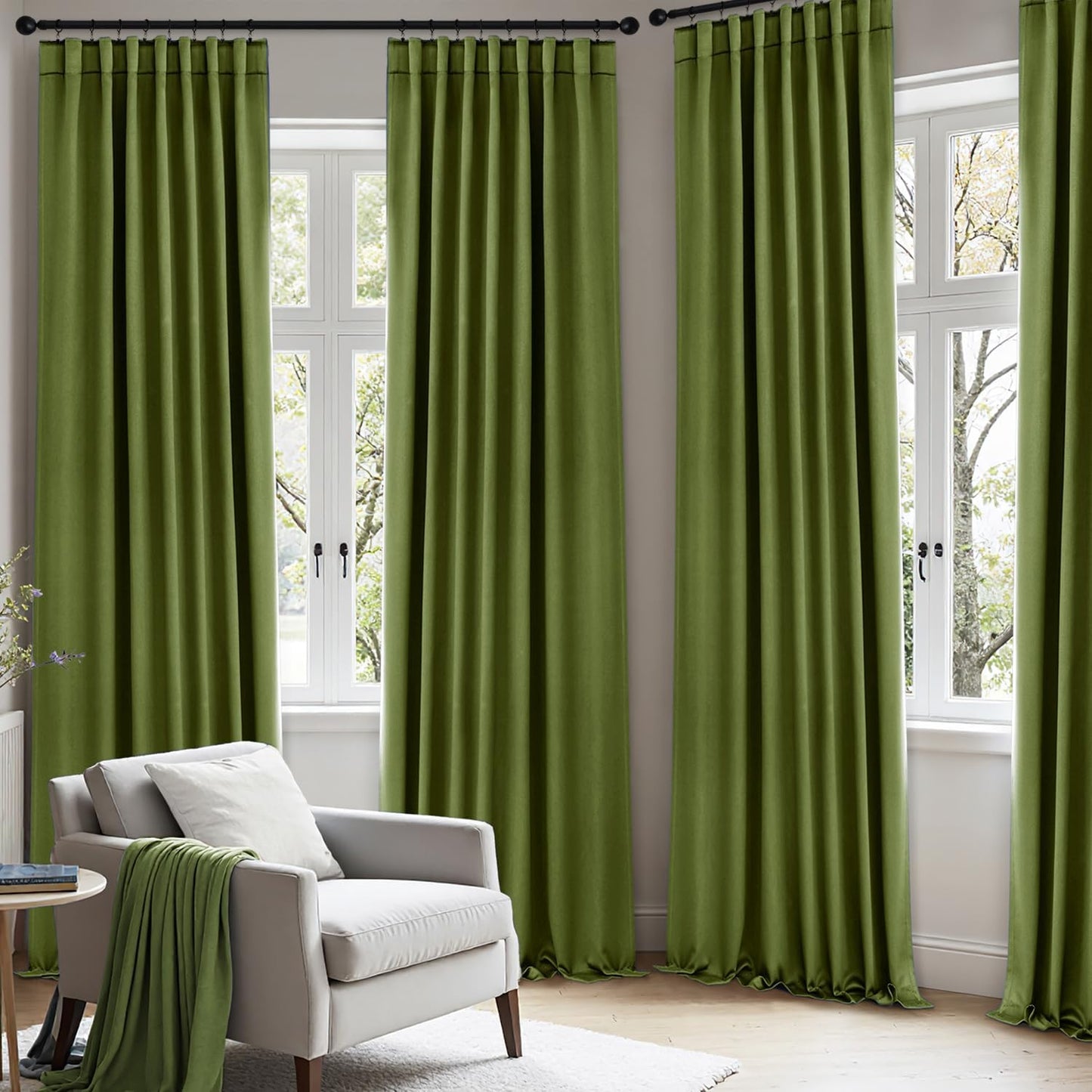 ANRODUO Back Tab Blackout Curtains for Bedroom Living Room, Rod Pocket Pinch Pleated Thermal Insulated Room Darkening Curtains 96 Inches Long 2 Panels, Olive Green, 42 x 96 Inch