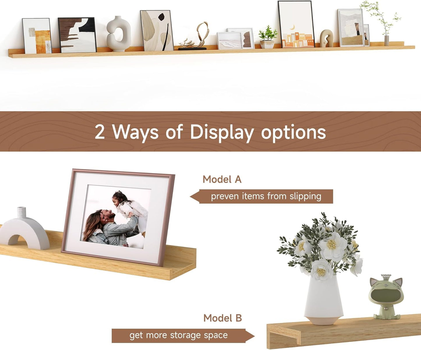 Floating Picture Ledge Shelves for Wall Set of 2, 95 Inches Picture Ledge Shelf with Long Large Nursery Book Shelf for Toys Storage Kids Bookshelf Wall Mounted Living Room Bedroom Decor Frames, Oak