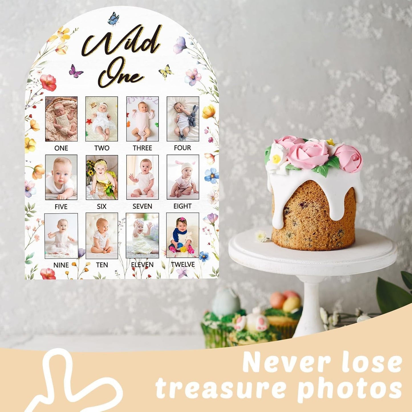 Wildflower First Year Photo Board Wild Flower Birthday Party Wooden Board Decorations 12 Monthly Milestone Picture Frame Wild One 1st Birthday Photo Banner for Baby Girls Keepsake Gift Supply 2x2.8In