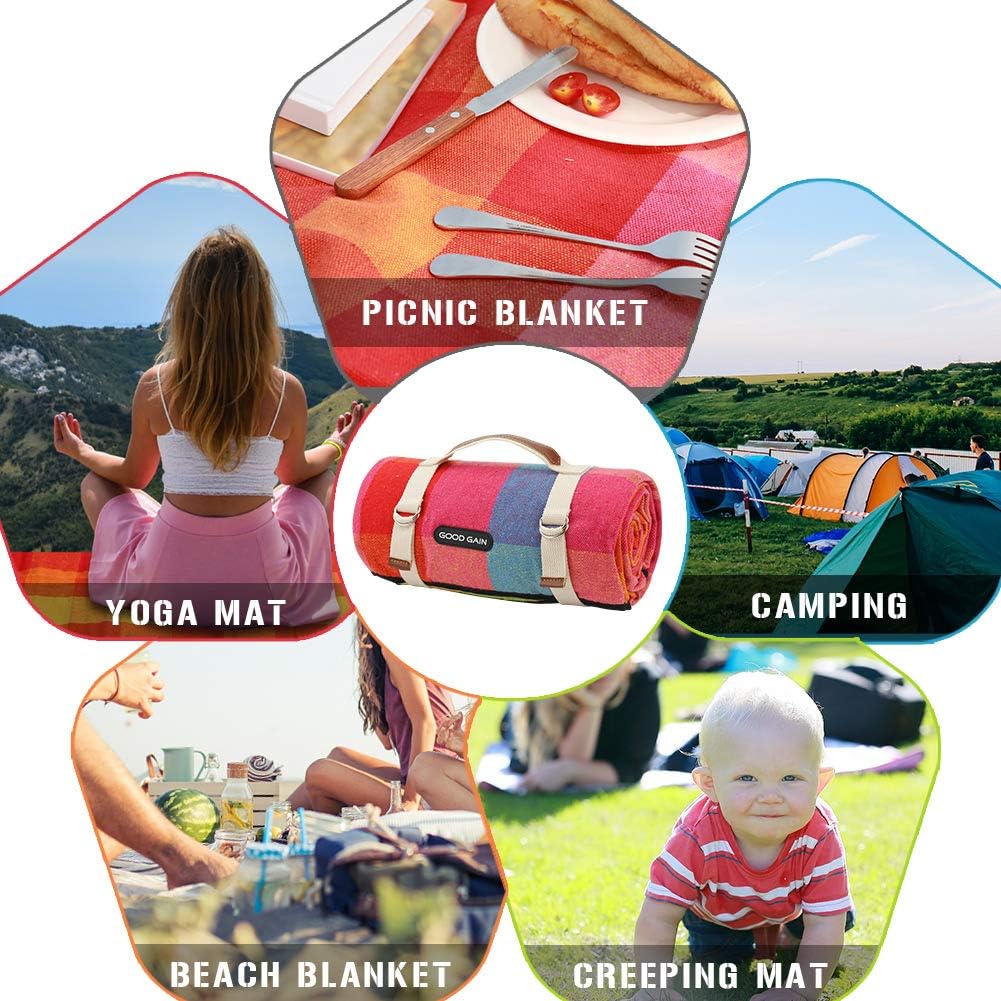 G GOOD GAIN Waterproof Picnic Blanket Portable with Carry Strap for Beach Mat or Family Outdoor Camping Party (red Plaid)