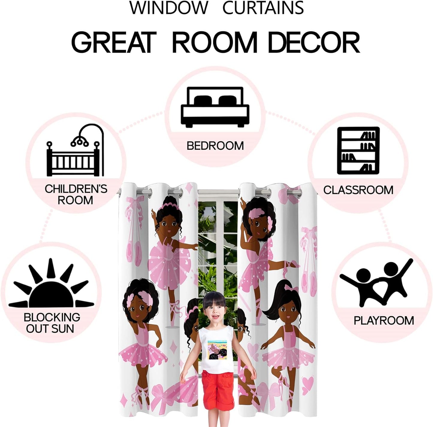 Black Girl Blackout Curtains 2 Panels 63" Inch Drapes for Kids Nursery Bedroom Kids Blackout Curtains Cute Girls Themed Grommet Top Thermal Insulated Curtains for Nursery, 82" x 63"