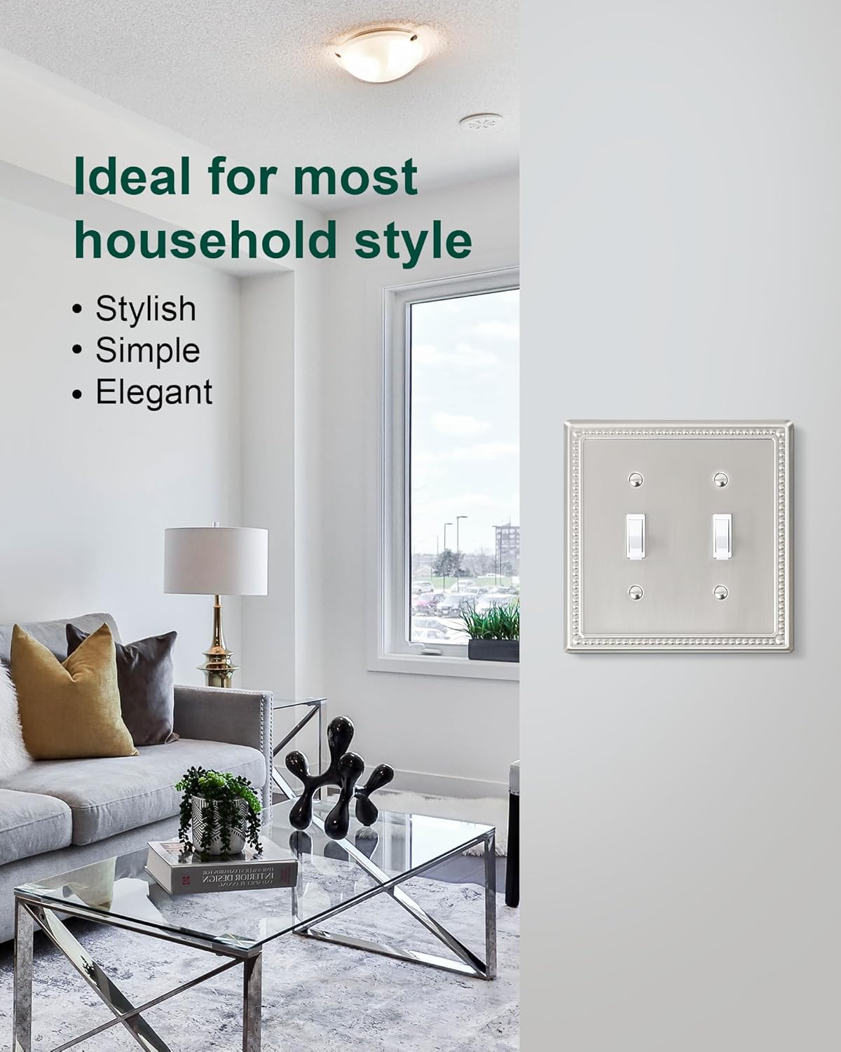 2-Pack Double Toggle Light Switch Cover Plate, Pearls Decorative Dual Switch Plate Covers, Brushed Nickel 2 Gang Metal Wall Plate, Corrosion Resistant