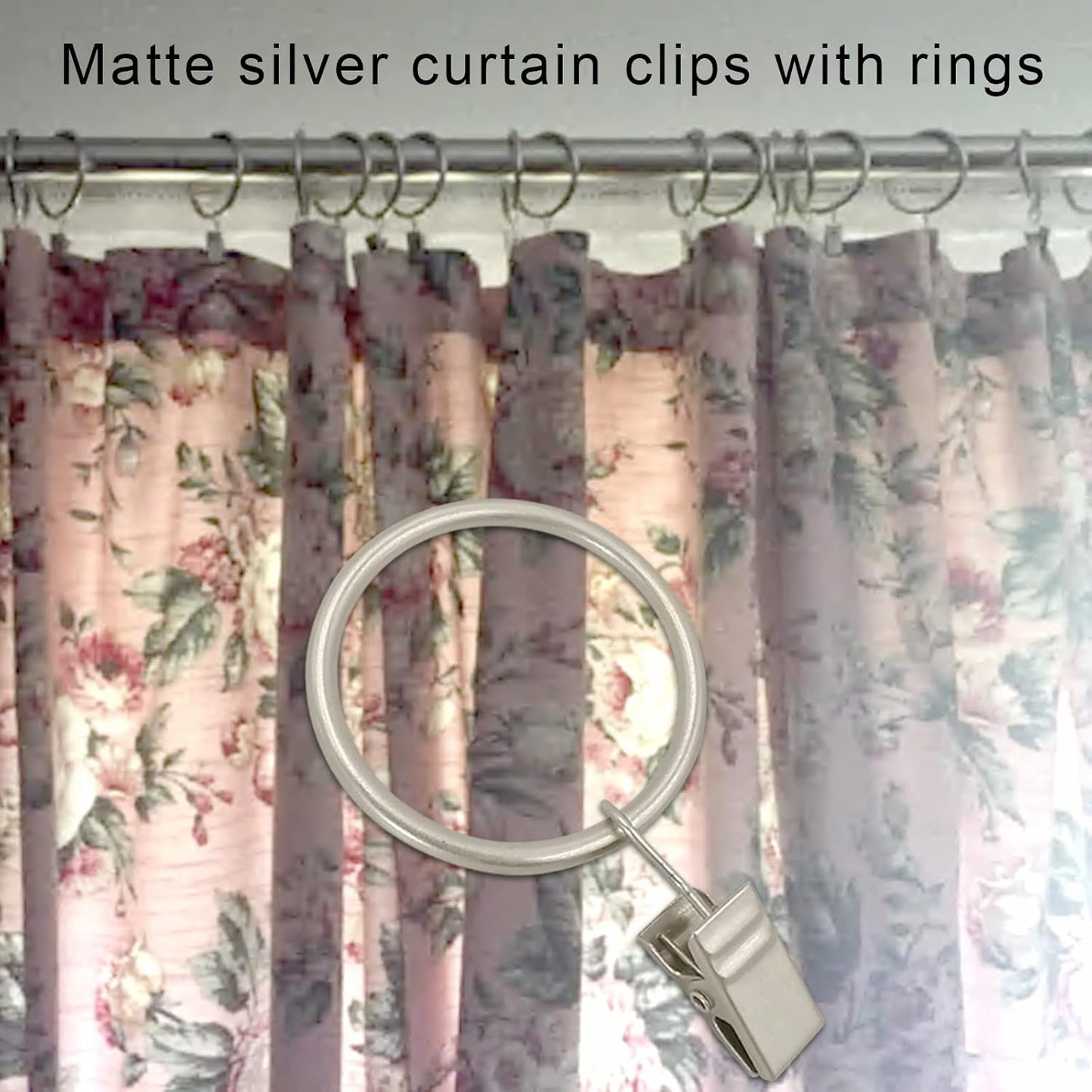 100 Pack Matte Silver Curtain Rings with Clips, Curtain Hooks Hangers Clip Rings for Hanging Drapes Bows Hat, Drapery Rings 1.5 in I D, Fits up to 1.2 in Diameter Curtain Rod.