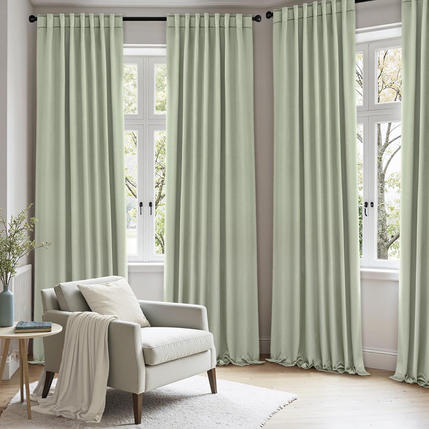 ANRODUO Back Tab Blackout Curtains for Bedroom Living Room, Rod Pocket Pinch Pleated Thermal Insulated Room Darkening Curtains 92 Inches Long 2 Panels, Sage Green, 42 x 92 Inch