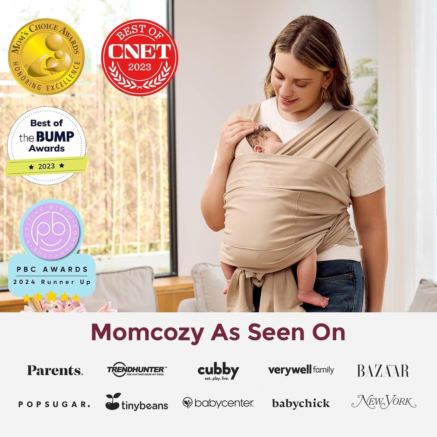 Momcozy Baby Wrap Carrier - Easy to Wear Infant Carrier Slings, Lightweight Hands Free Baby Sling, Adjustable Baby Carriers for Newborn to Toddler 8-35 lbs, Baby Wraps Carrier, Light Curry