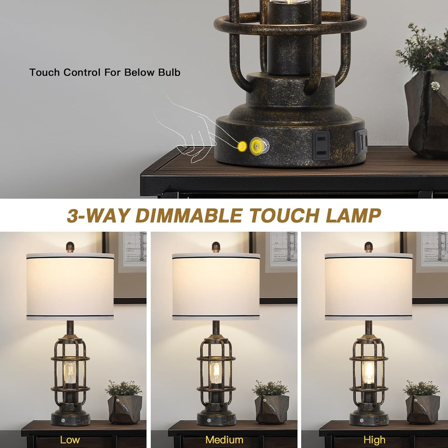 26" Vintage Industrial Table Lamps Set of 2, Farmhouse 3 Way Dimmable Touch Control LED Night Lights Table Lamp with USB A+C Ports & AC Outlet, Rustic Retro Beside Nightstand Lamp for Bedrooms Bronze