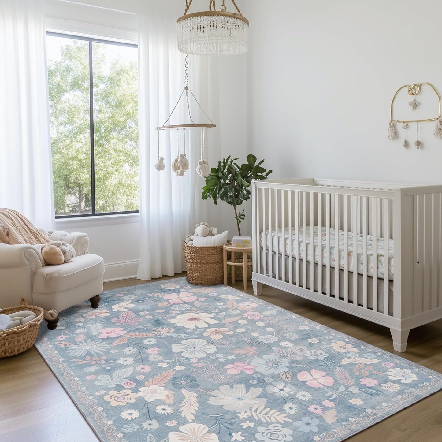 Blue 5x7 Area Rugs for Living Room Washable Soft Faux Fur Elegant Vintage Rugs Boho Floral Non Slip Stain Resistant Sound Absorbing Low Pile Carpet Rug for Bedroom Dining Room Nursery