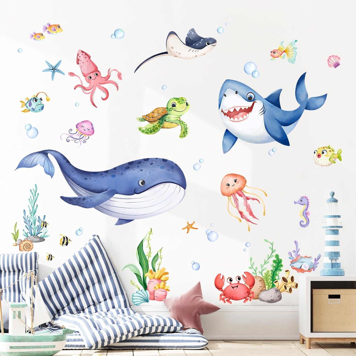 Supzone Under The Sea Wall Decals Ocean Whale Shark Turtle Seaweed Wall Stickers for Kids Toddlers Bedroom Living Room Baby Nursery Wall Decor