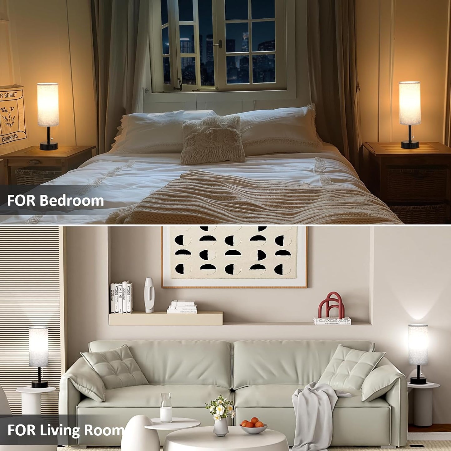 Grey Bedside Table Lamps Set of 2-3 Color Temperatures Pull Chain Lamp with AC Outlet Charging Port, Round Night Stand Lamps for Bedroom Office, Small Bed Side Light with E26 LED Bulbs